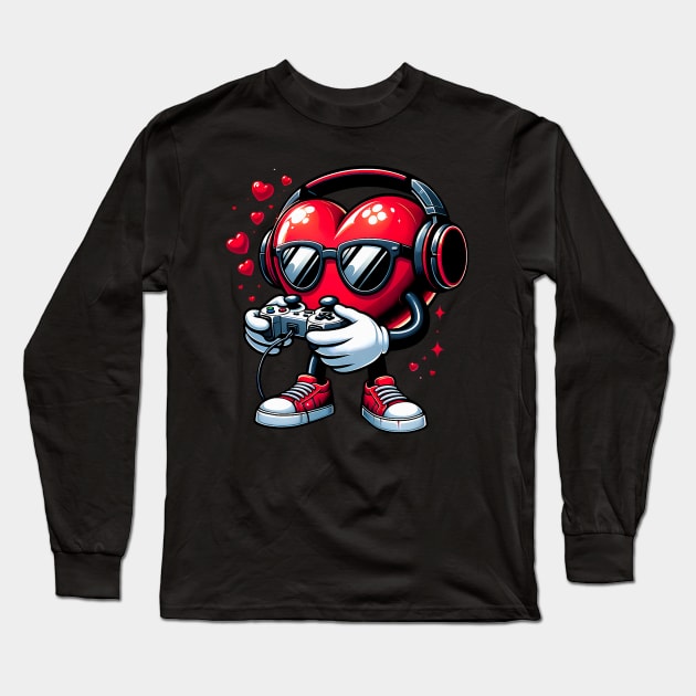 Funny Heart Gaming Valentines Day Men Women Boys Girl Gamer Long Sleeve T-Shirt by jadolomadolo